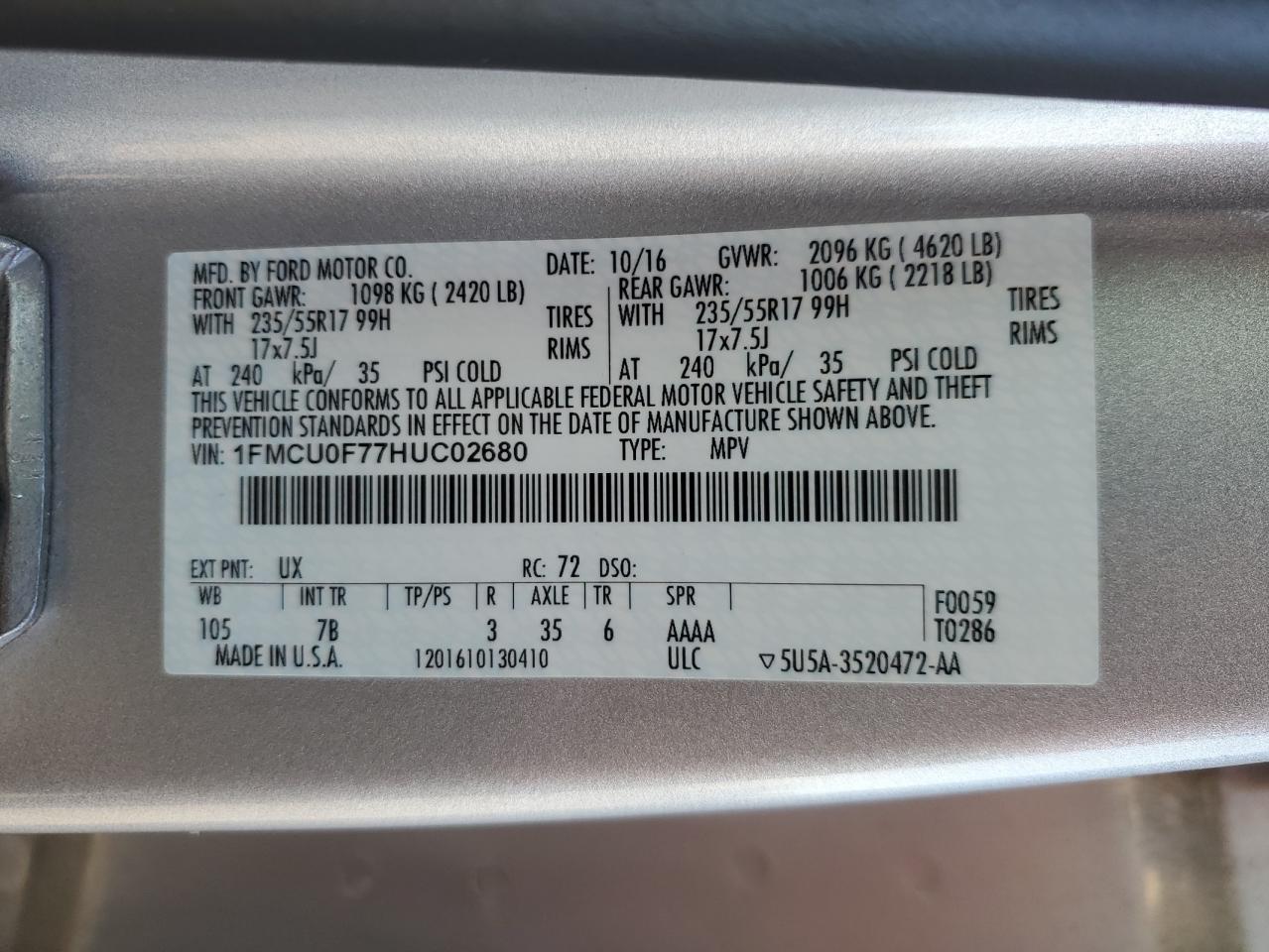 1FMCU0F77HUC02680 2017 Ford Escape S