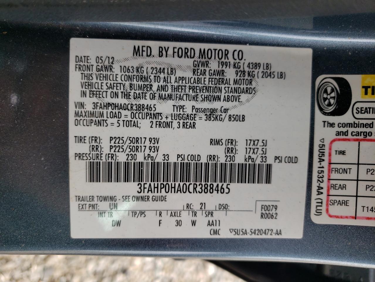 3FAHP0HA0CR388465 2012 Ford Fusion Se