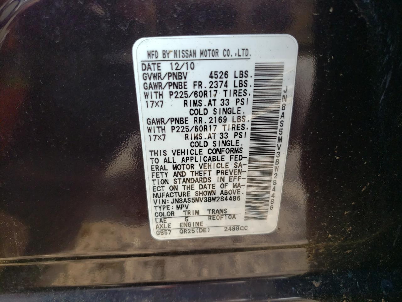 2011 Nissan Rogue S VIN: JN8AS5MV3BW284486 Lot: 70444664