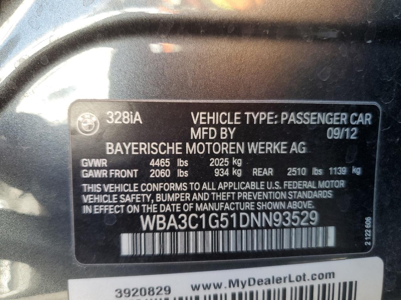 VIN WBA3C1G51DNN93529 2013 BMW 3 SERIES no.13