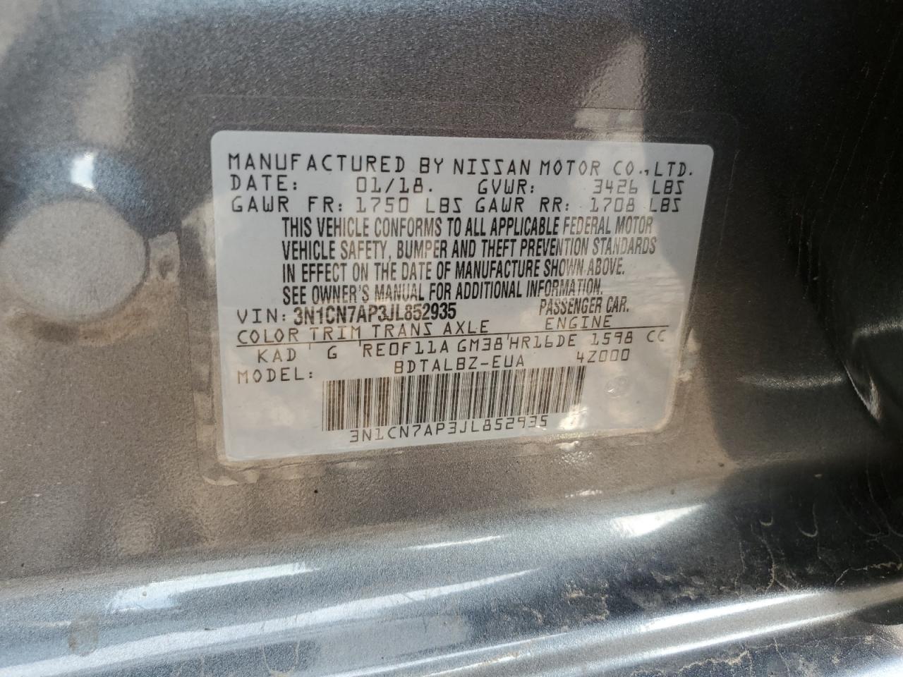 3N1CN7AP3JL852935 2018 Nissan Versa S