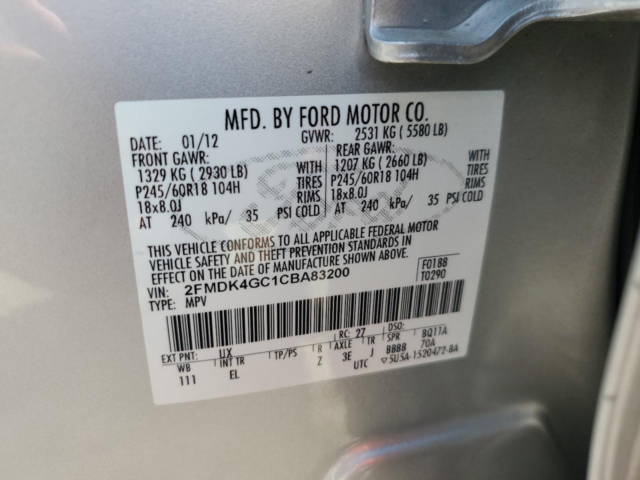 2FMDK4GC1CBA83200 2012 Ford Edge Se