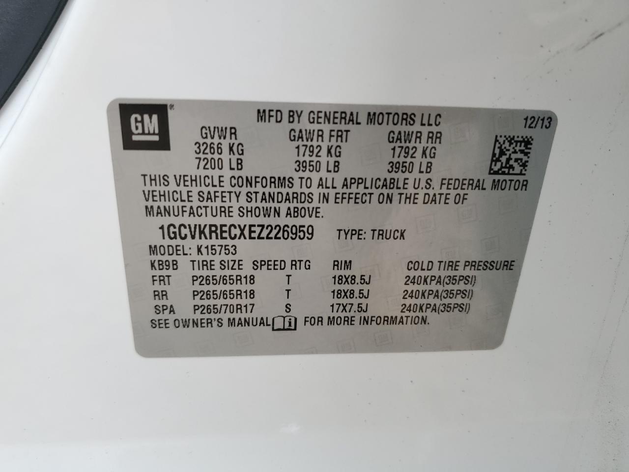 2014 Chevrolet Silverado K1500 Lt VIN: 1GCVKRECXEZ226959 Lot: 72189094