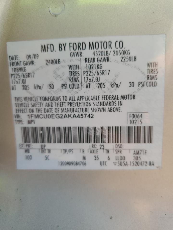 1FMCU0EG2AKA45742 2010 Ford Escape Limited