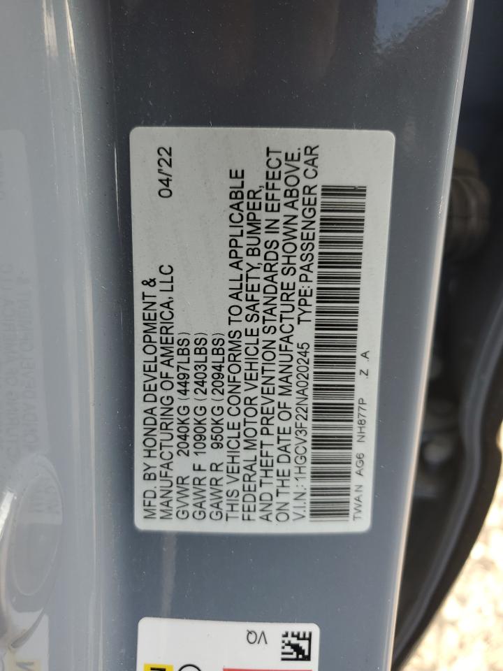 2022 Honda Accord Hybrid Sport VIN: 1HGCV3F22NA020245 Lot: 70783844