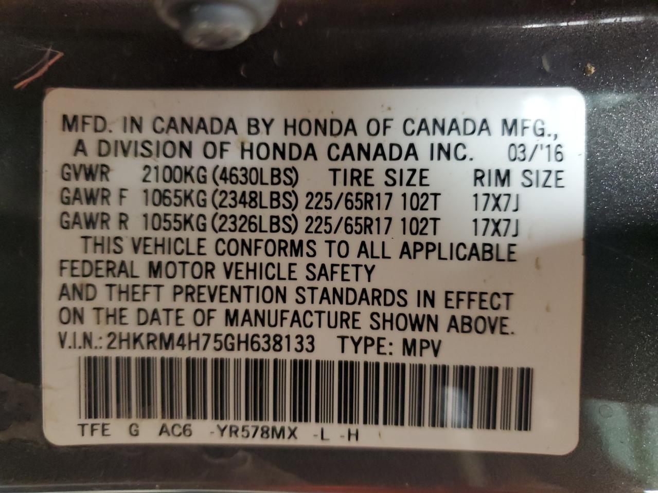 2HKRM4H75GH638133 2016 Honda Cr-V Exl