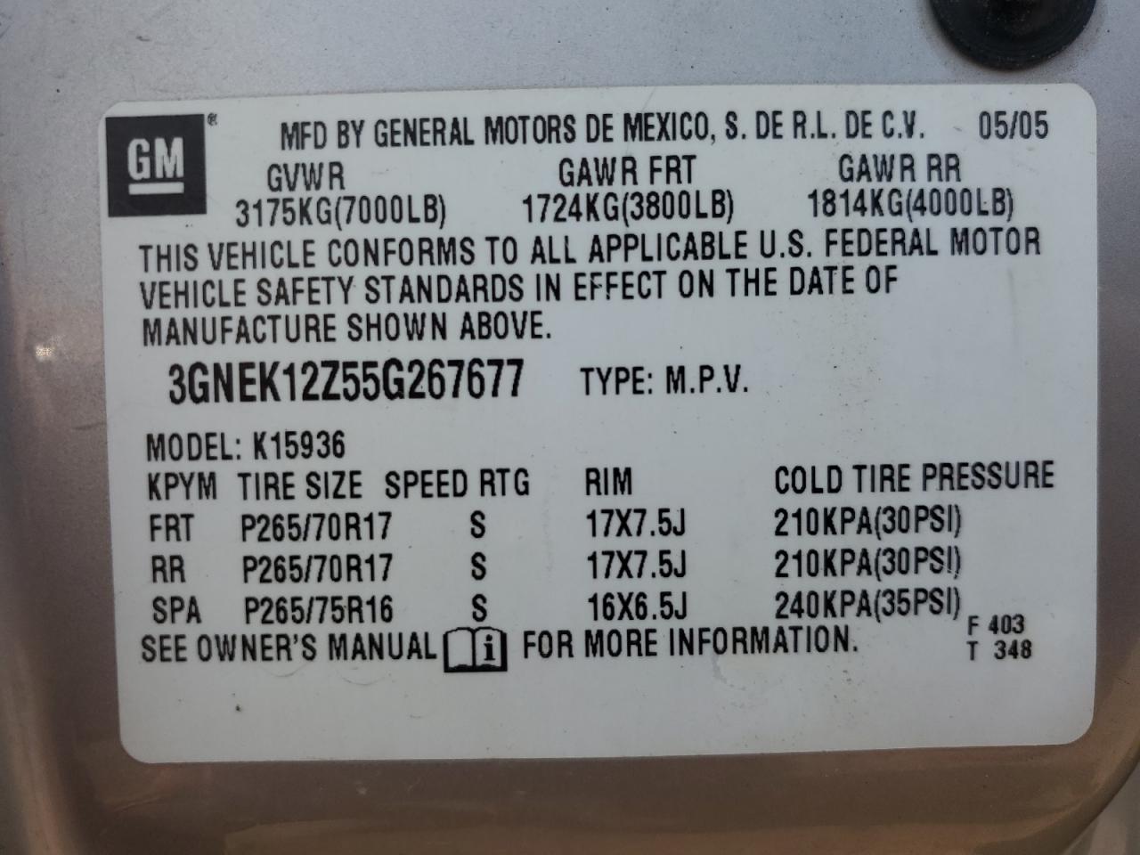 3GNEK12Z55G267677 2005 Chevrolet Avalanche K1500