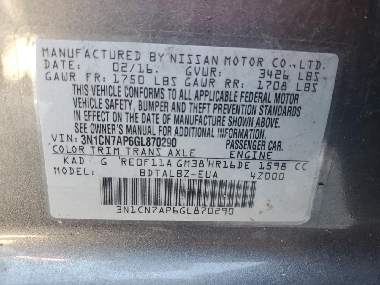 3N1CN7AP6GL870290 2016 Nissan Versa S