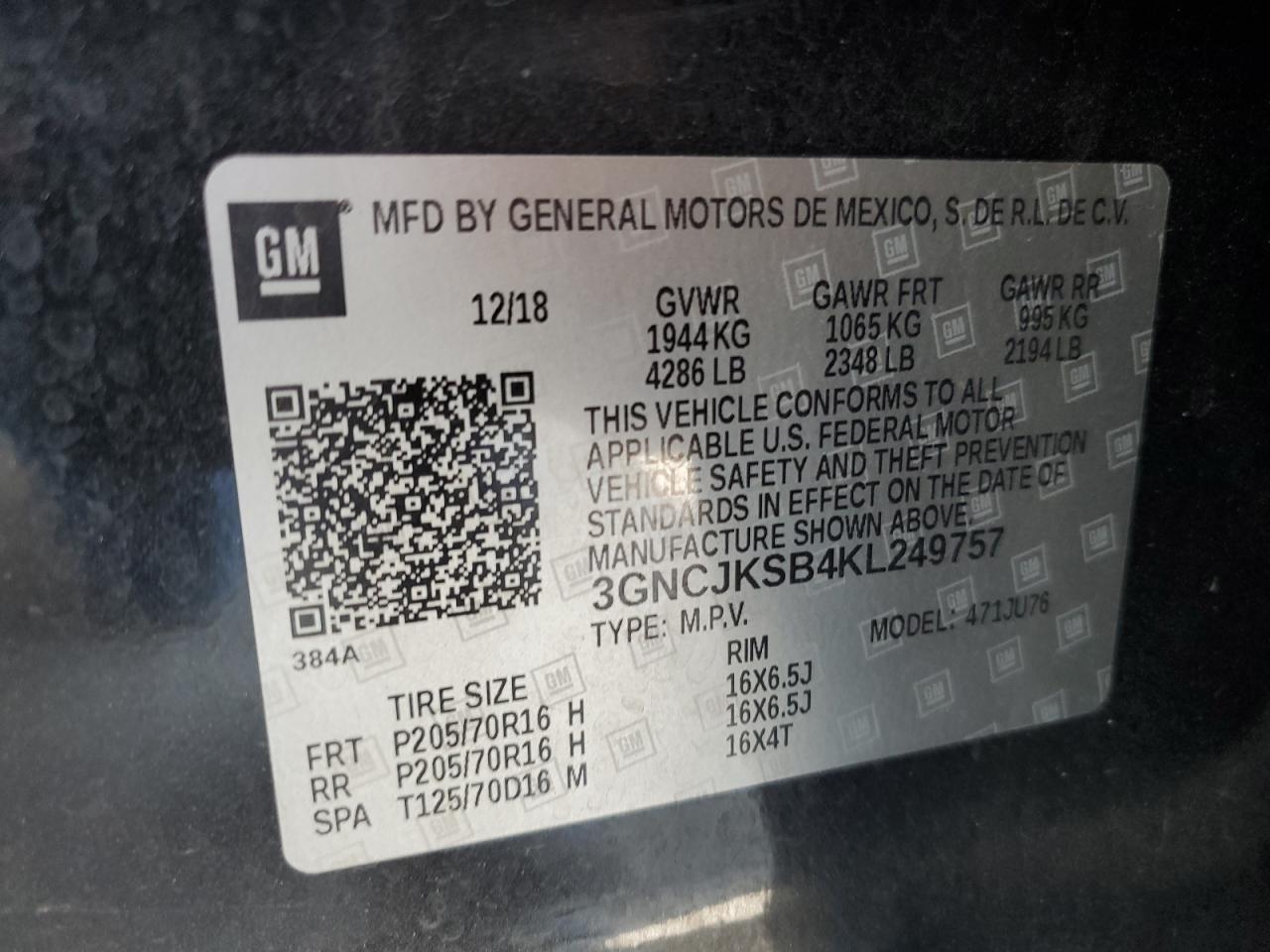 3GNCJKSB4KL249757 2019 Chevrolet Trax Ls