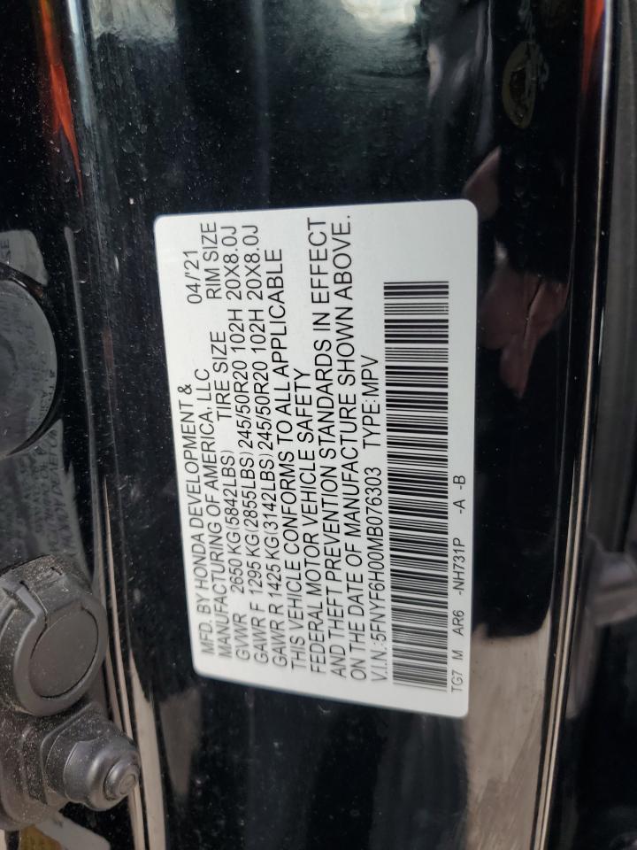 2021 Honda Pilot Elite VIN: 5FNYF6H00MB076303 Lot: 72973874