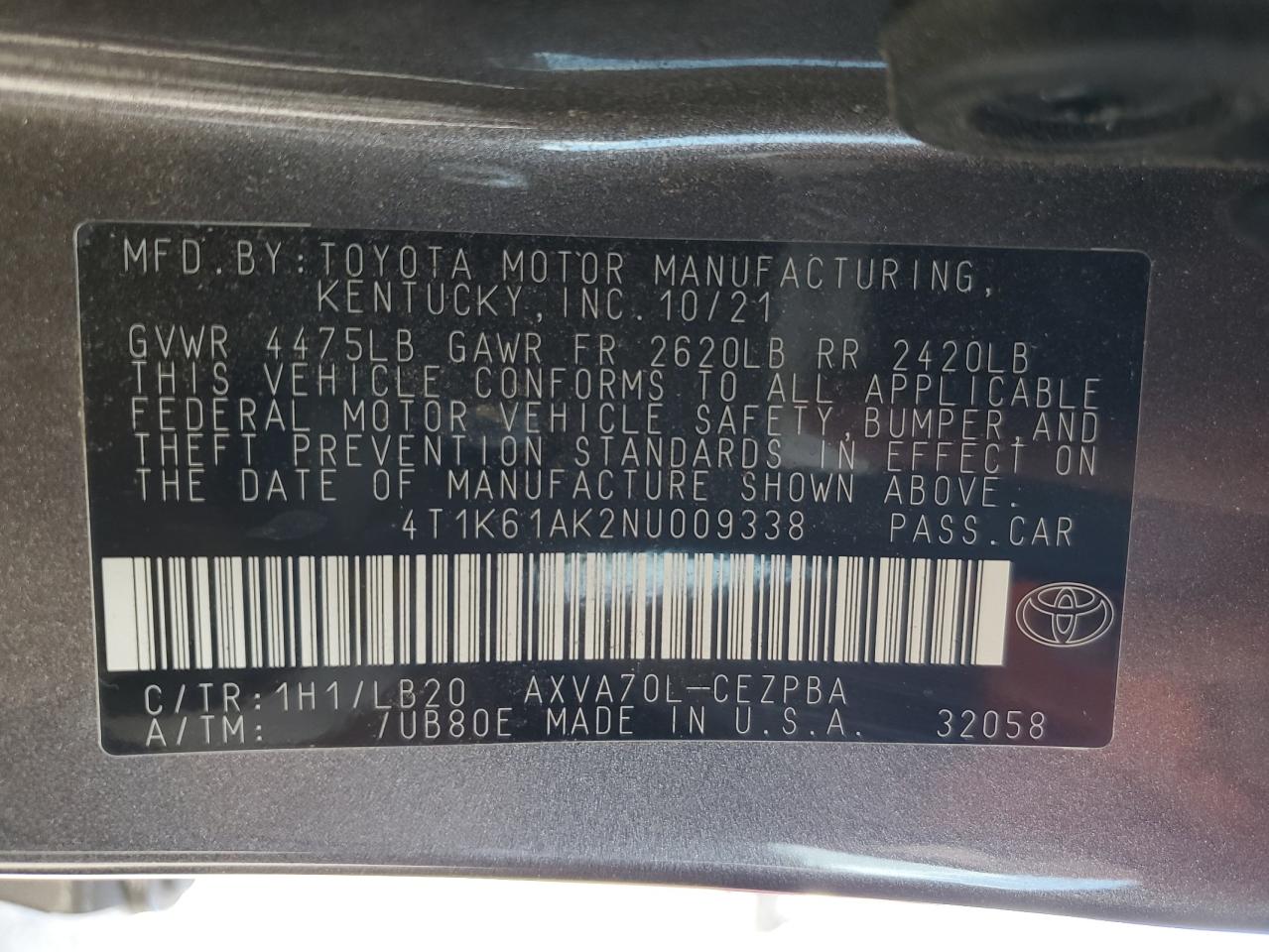 4T1K61AK2NU009338 2022 Toyota Camry Xse