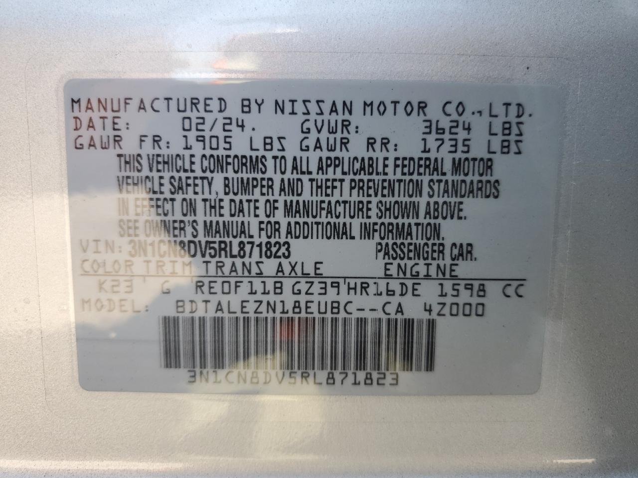 2024 Nissan Versa S VIN: 3N1CN8DV5RL871823 Lot: 69987384