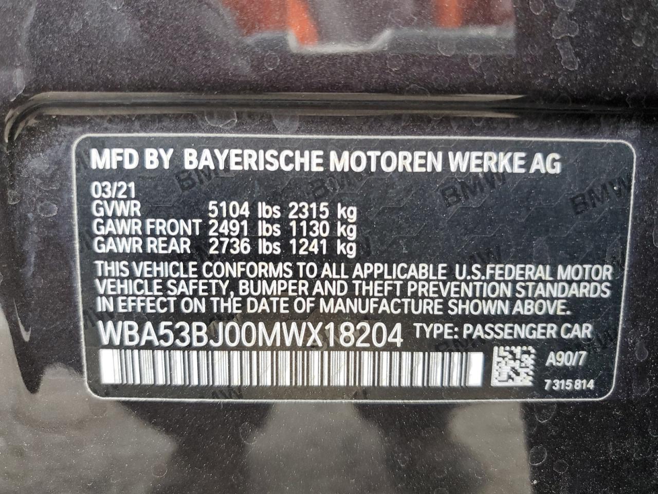 WBA53BJ00MWX18204 2021 BMW 540 I