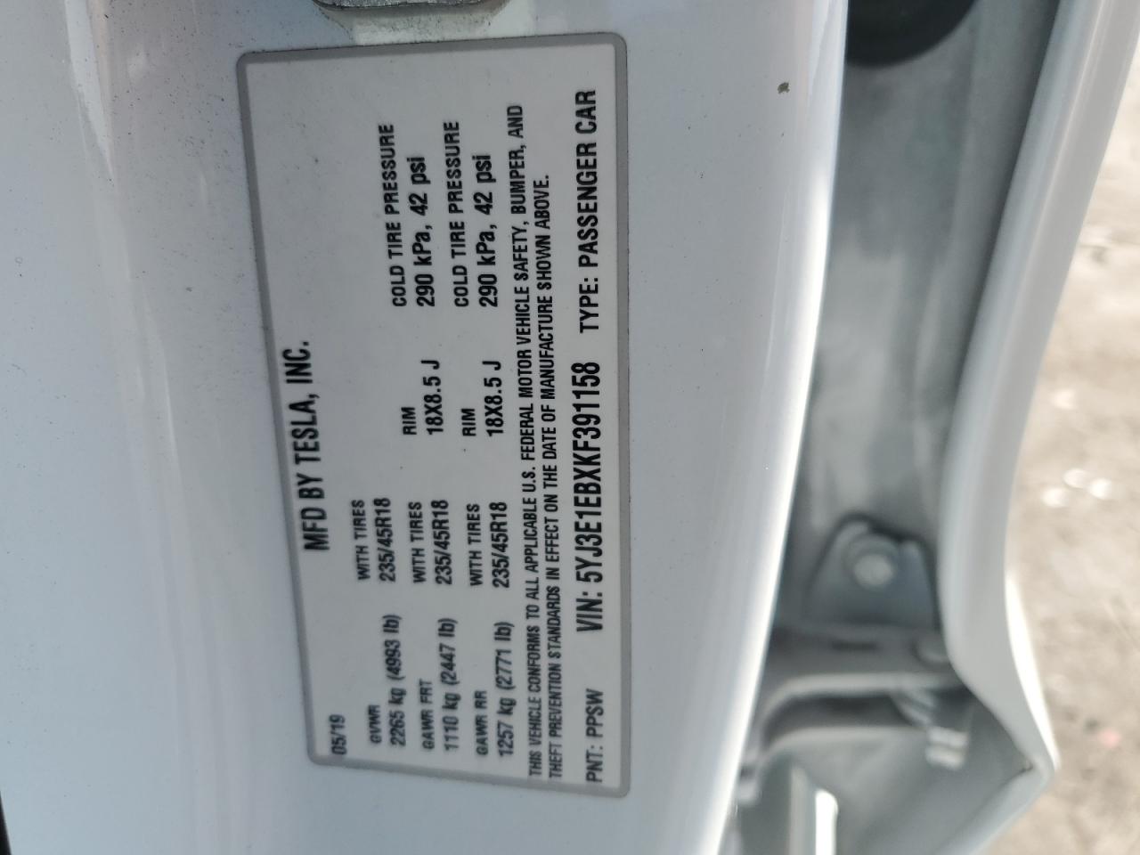 5YJ3E1EBXKF391158 2019 Tesla Model 3