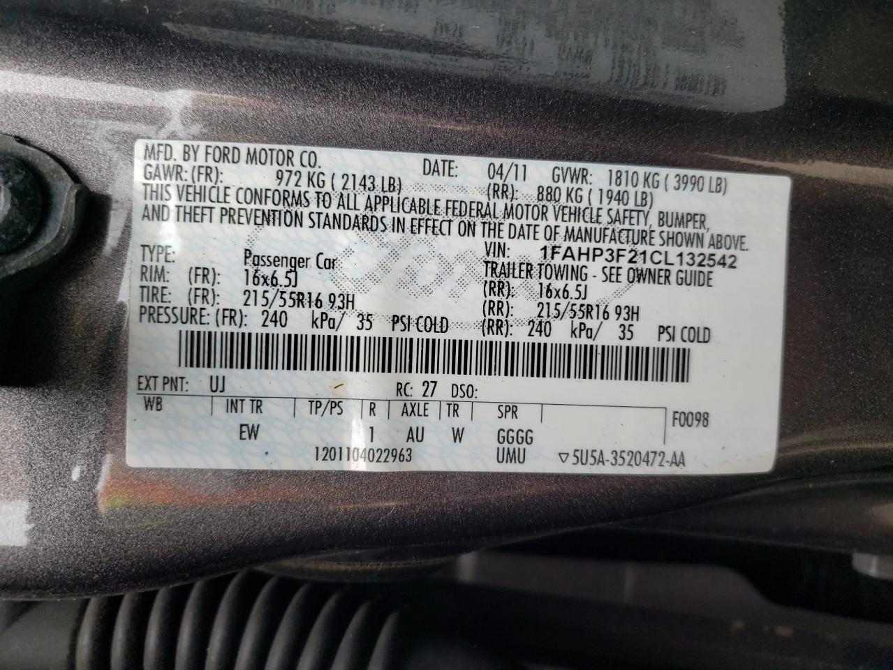 1FAHP3F21CL132542 2012 Ford Focus Se