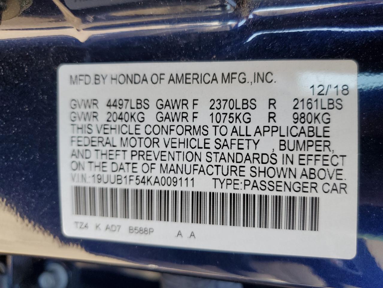 19UUB1F54KA009111 2019 Acura Tlx Technology