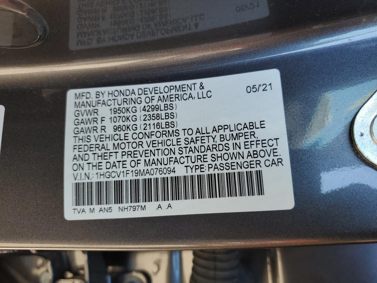 1HGCV1F19MA076094 2021 Honda Accord Lx