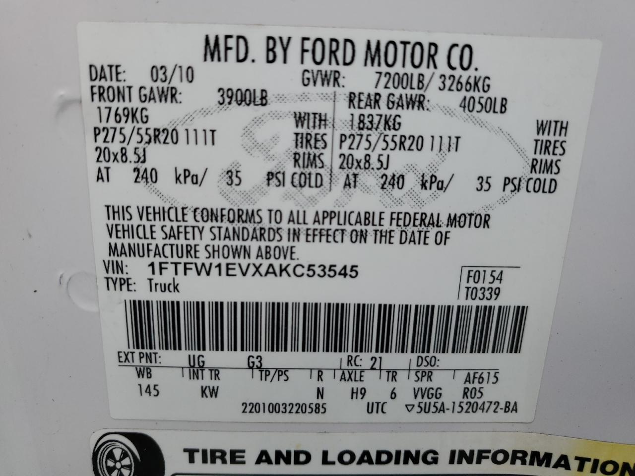 2010 Ford F150 Supercrew VIN: 1FTFW1EVXAKC53545 Lot: 71446444