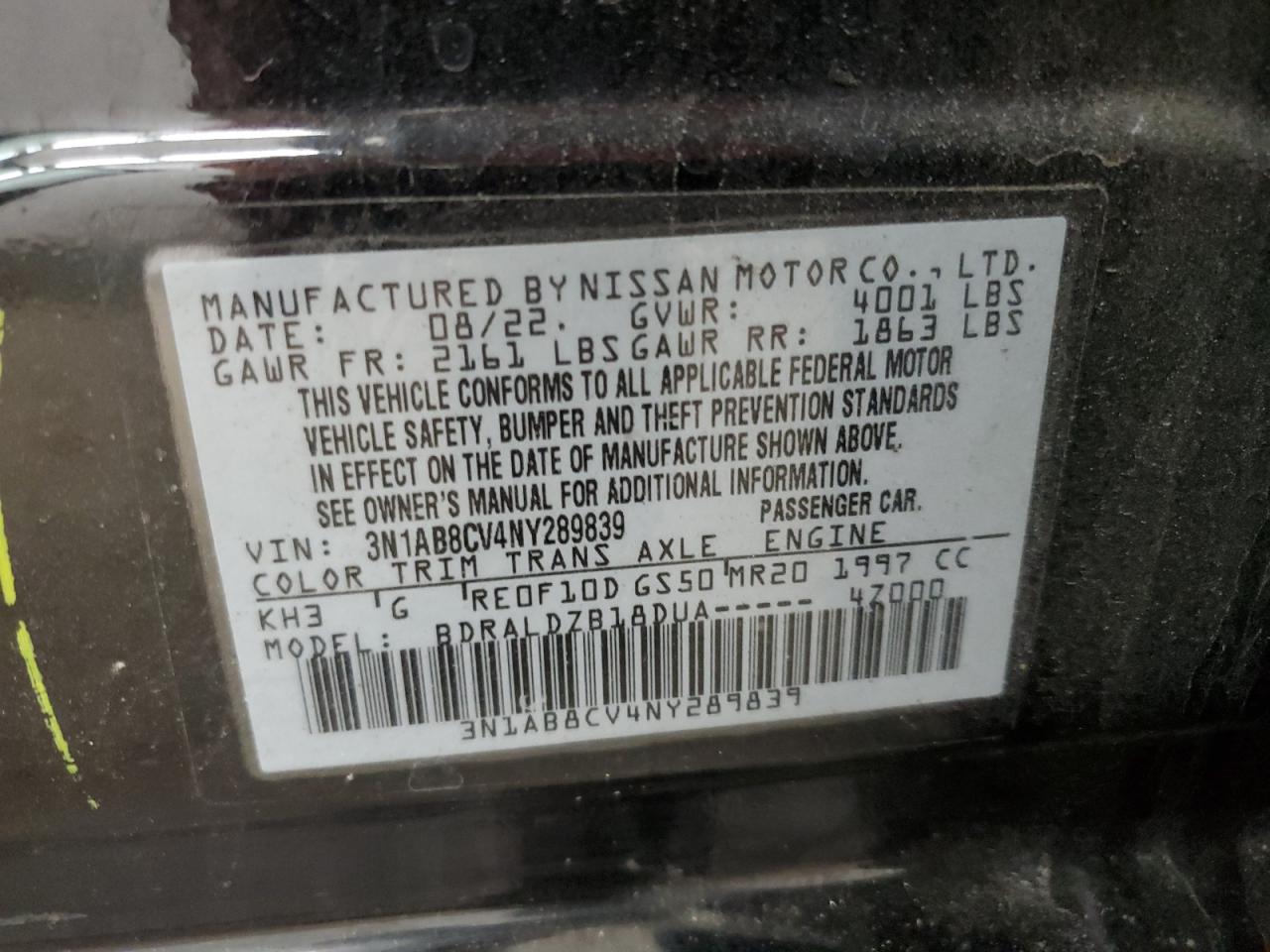 3N1AB8CV4NY289839 2022 Nissan Sentra Sv