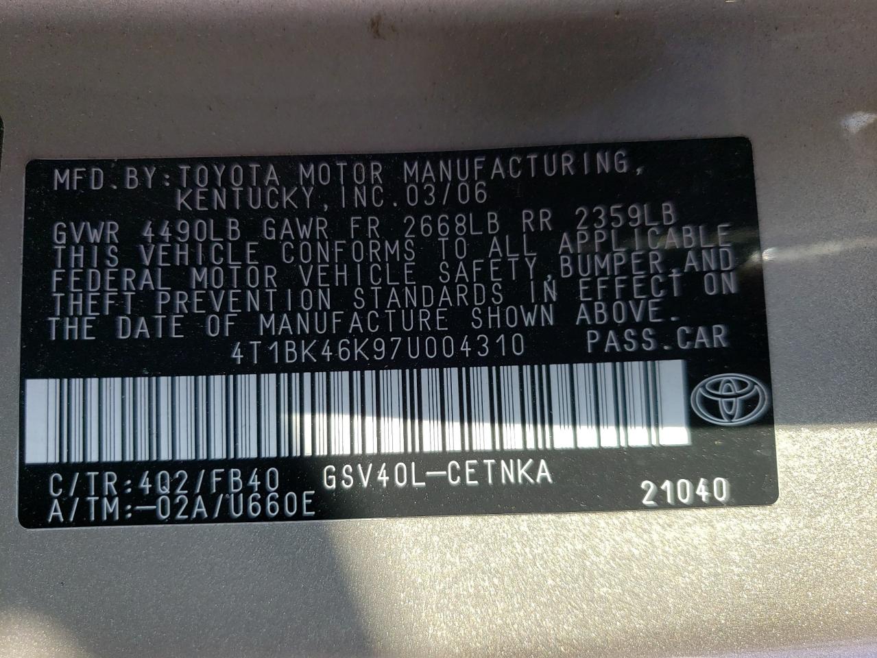 4T1BK46K97U004310 2007 Toyota Camry Le