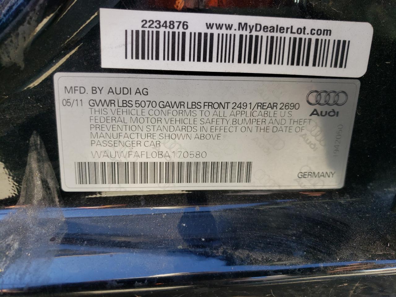 WAUWFAFL0BA170580 2011 Audi A4 Premium Plus