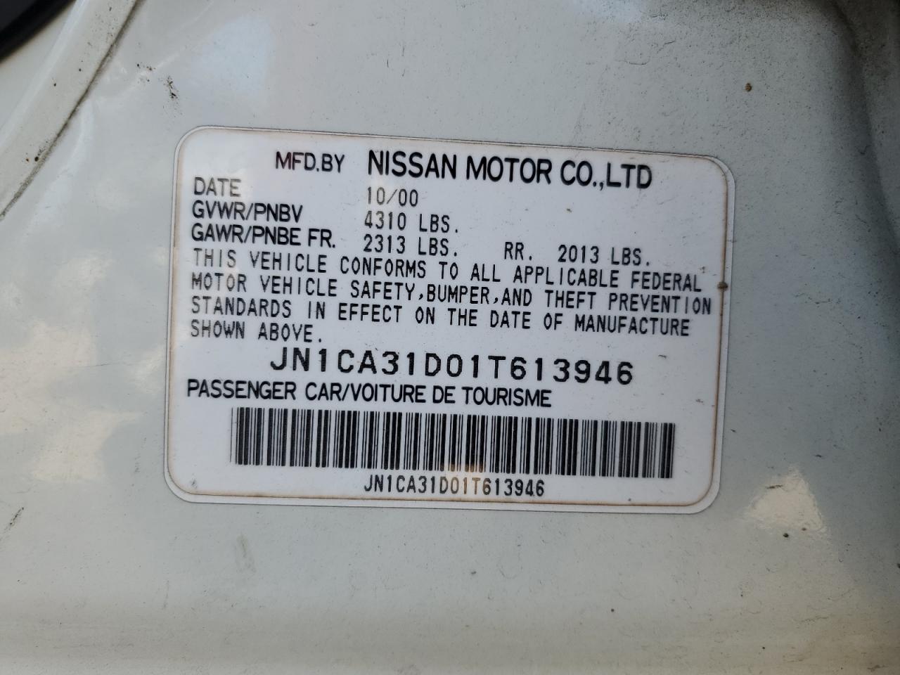 JN1CA31D01T613946 2001 Nissan Maxima Gxe