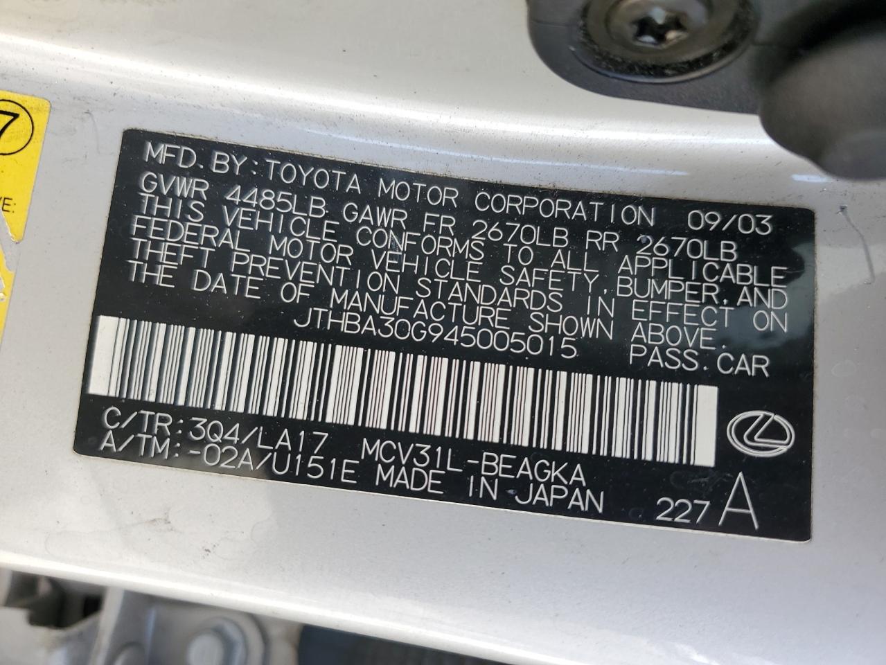 JTHBA30G945005015 2004 Lexus Es 330