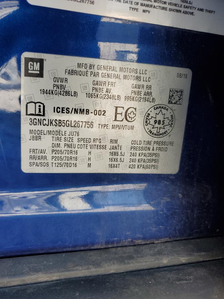 2016 Chevrolet Trax Ls VIN: 3GNCJKSB5GL267756 Lot: 72775404