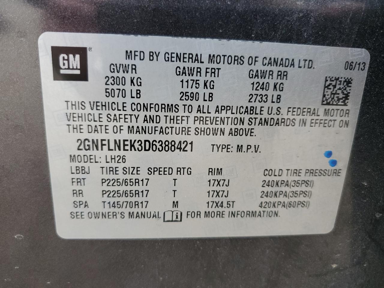 2GNFLNEK3D6388421 2013 Chevrolet Equinox Lt