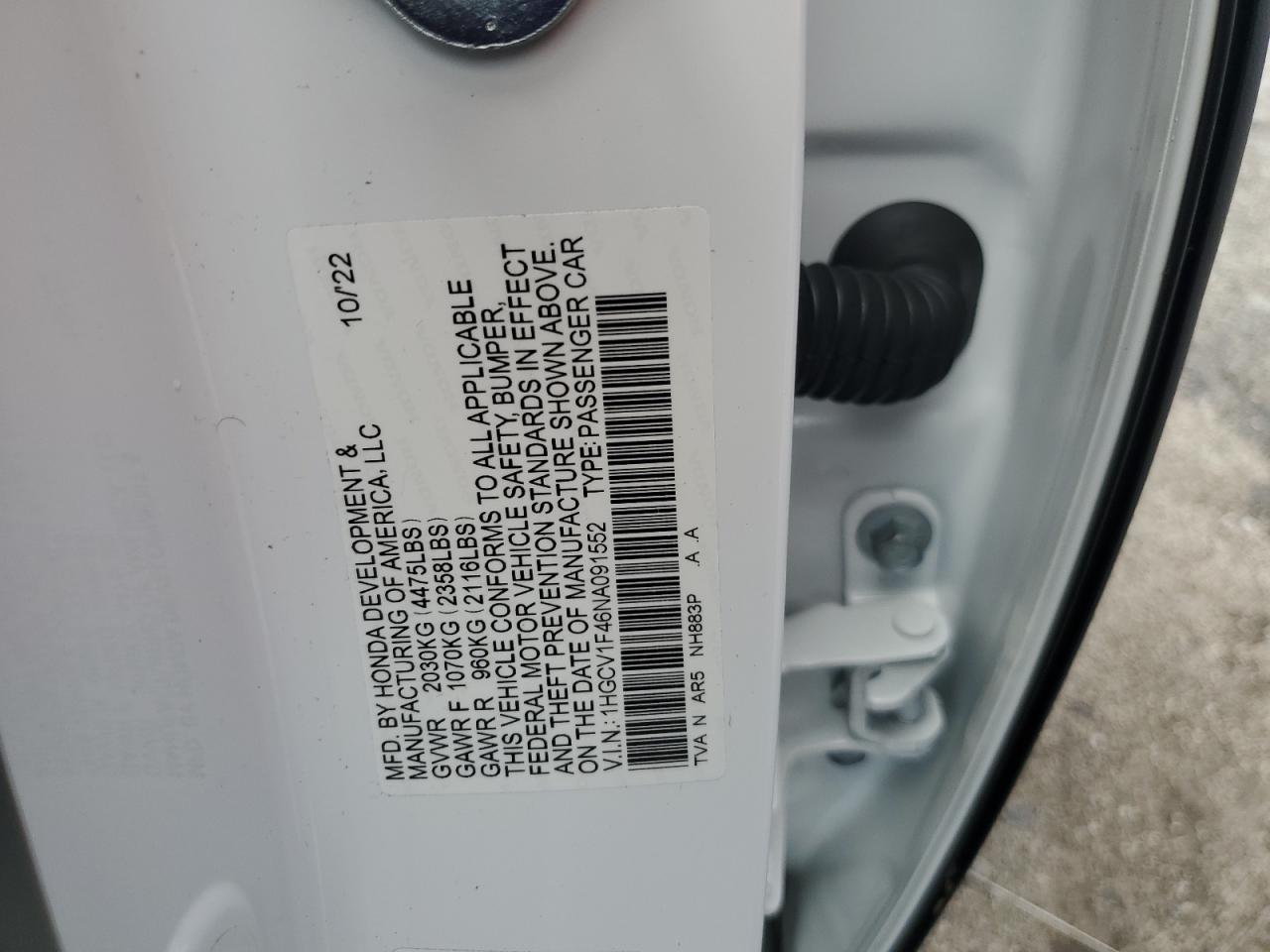 2022 Honda Accord Sport Se VIN: 1HGCV1F46NA091552 Lot: 71494874