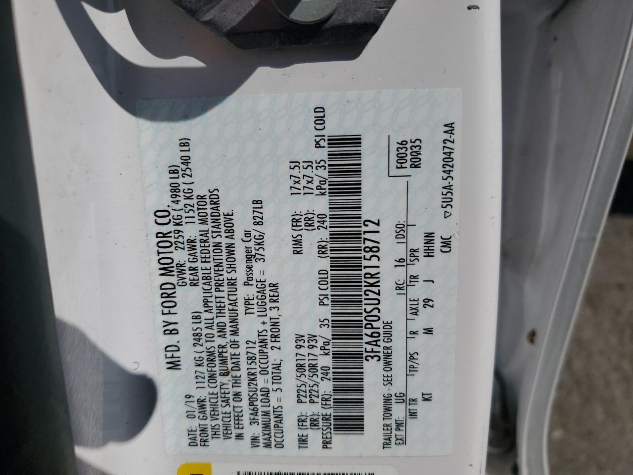 3FA6P0SU2KR158712 2019 Ford Fusion Titanium