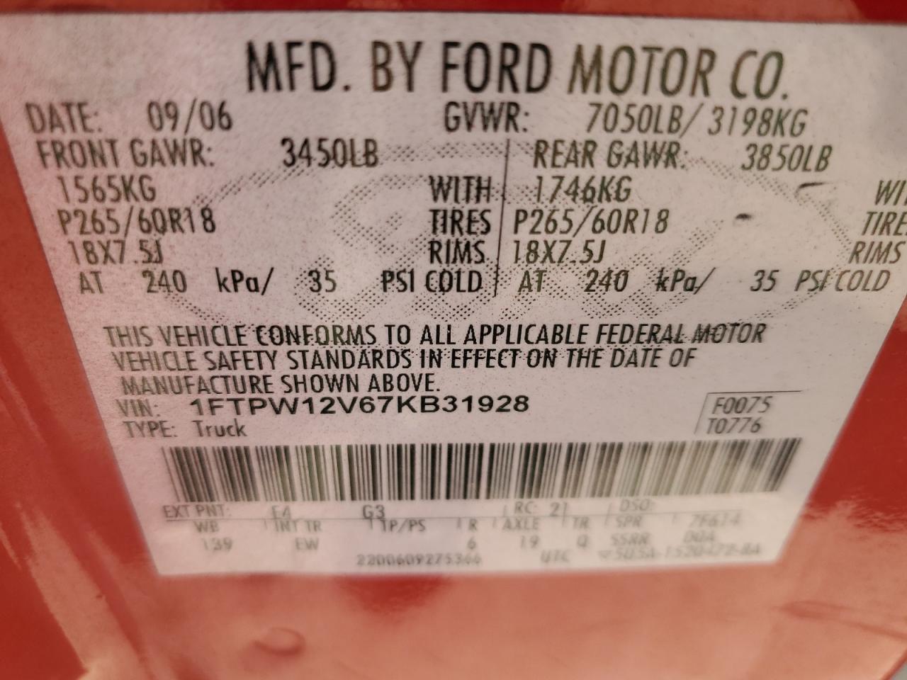 1FTPW12V67KB31928 2007 Ford F150 Supercrew