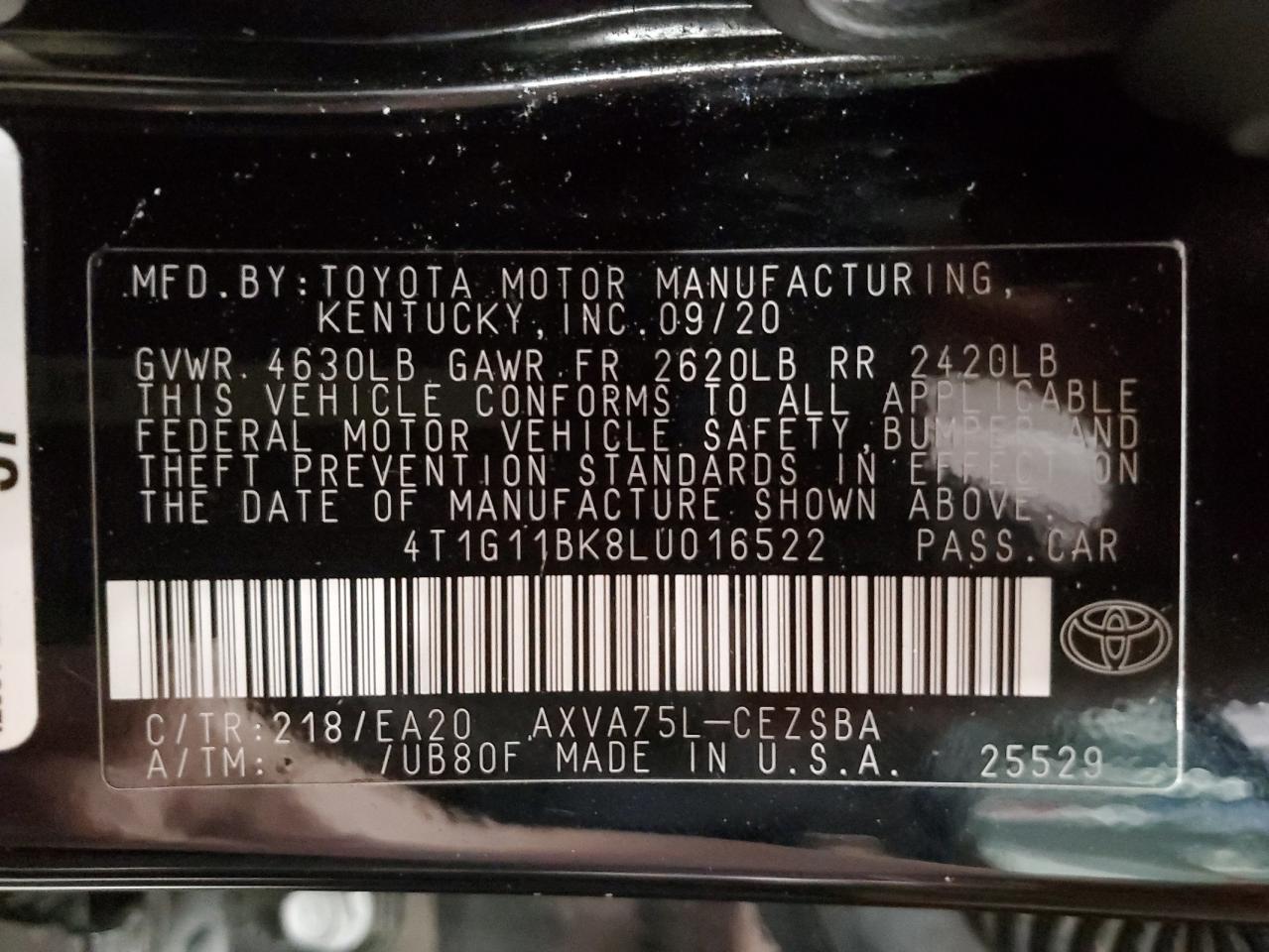 4T1G11BK8LU016522 2020 Toyota Camry Se