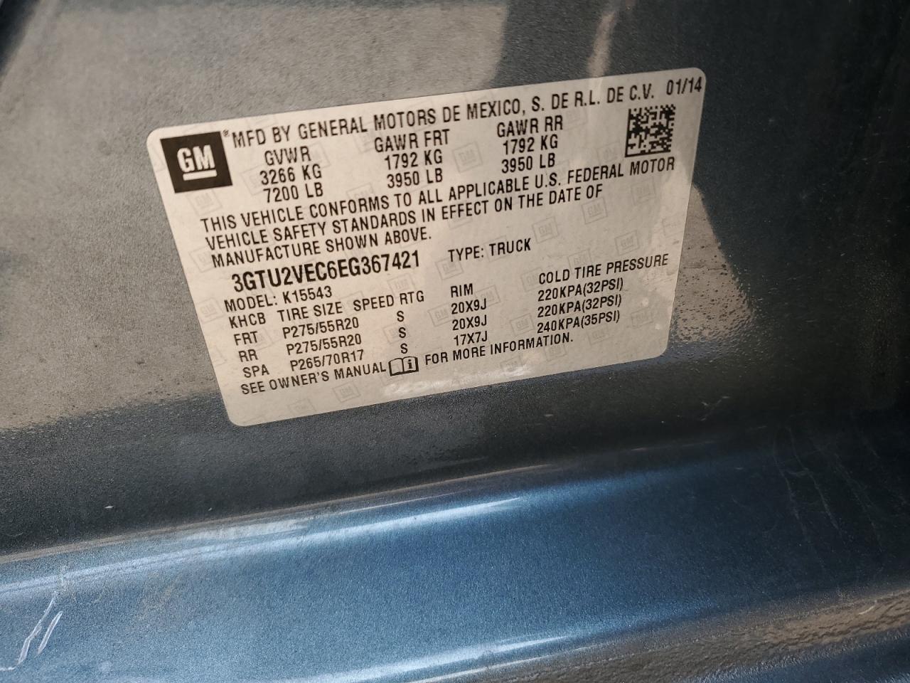 3GTU2VEC6EG367421 2014 GMC Sierra K1500 Slt