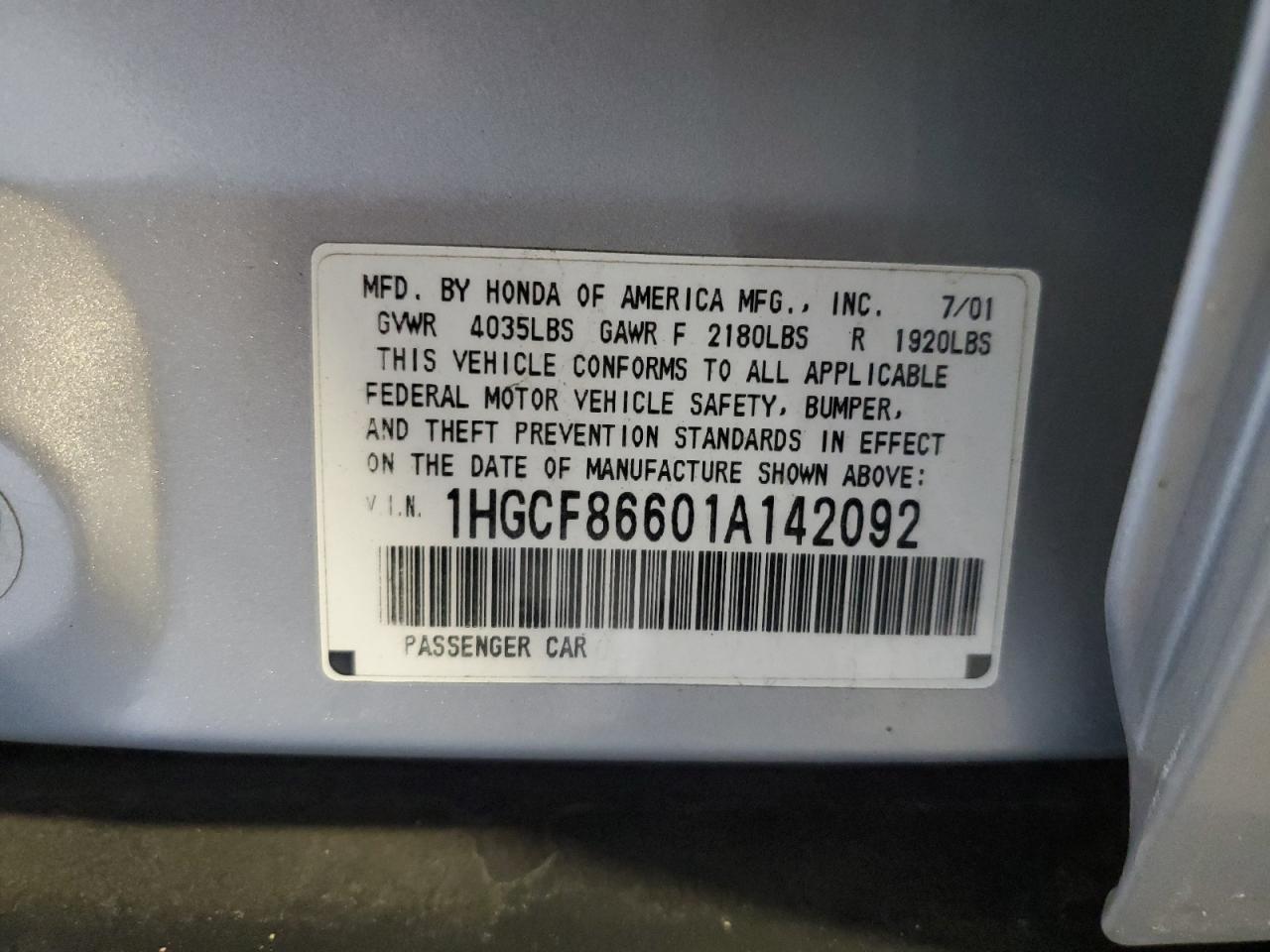 1HGCF86601A142092 2001 Honda Accord Value