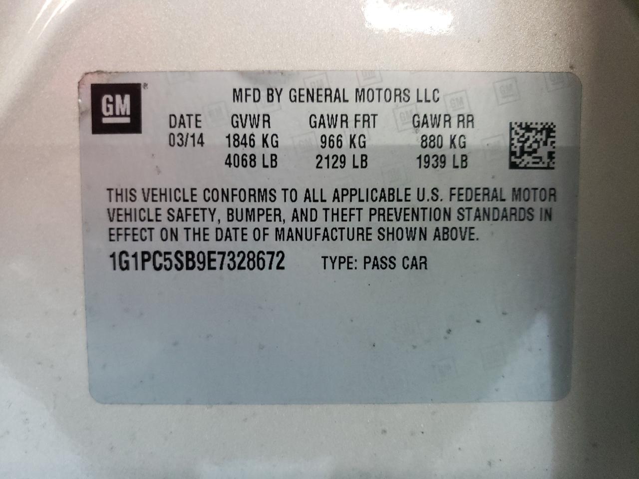 1G1PC5SB9E7328672 2014 Chevrolet Cruze Lt