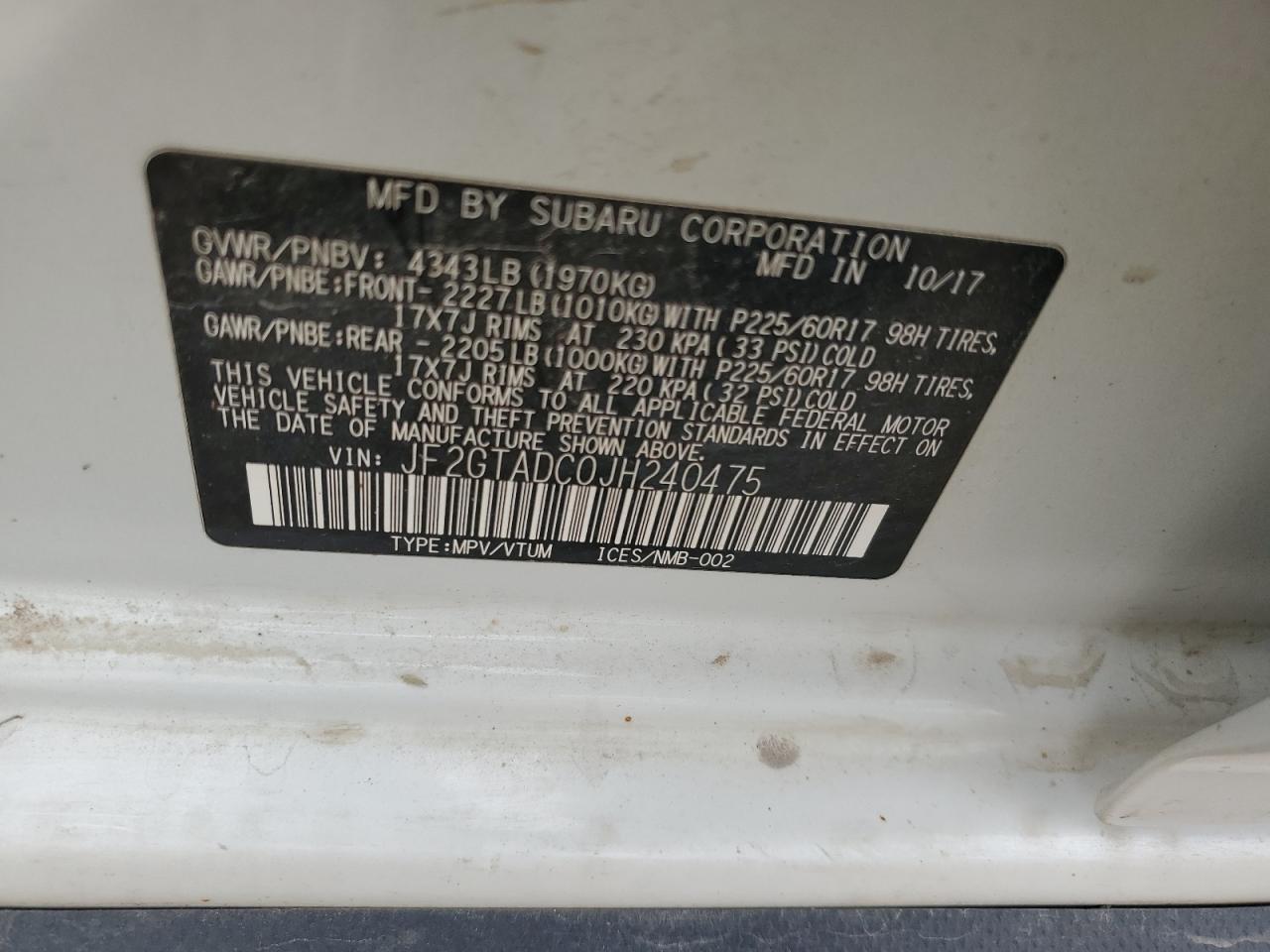 2018 Subaru Crosstrek Premium VIN: JF2GTADC0JH240475 Lot: 71622765