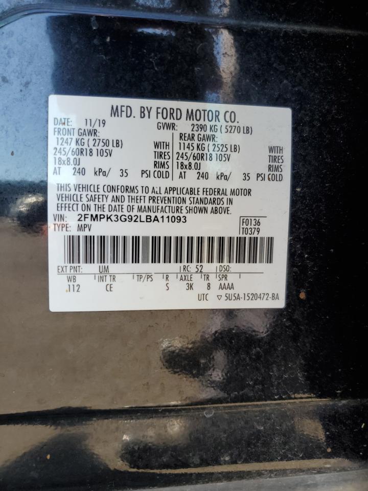 2020 Ford Edge Se VIN: 2FMPK3G92LBA11093 Lot: 71929045