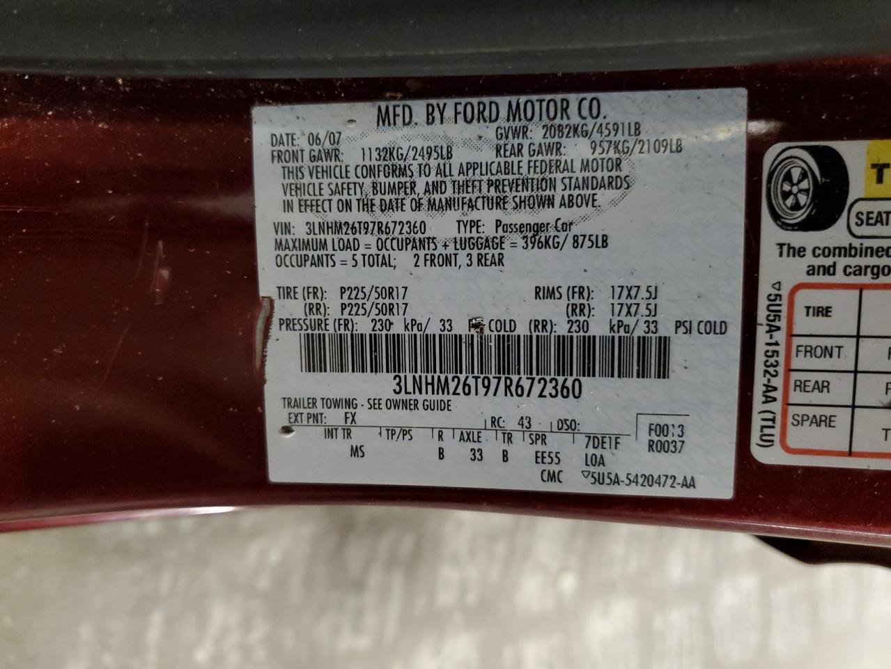 2007 Lincoln Mkz VIN: 3LNHM26T97R672360 Lot: 82173995