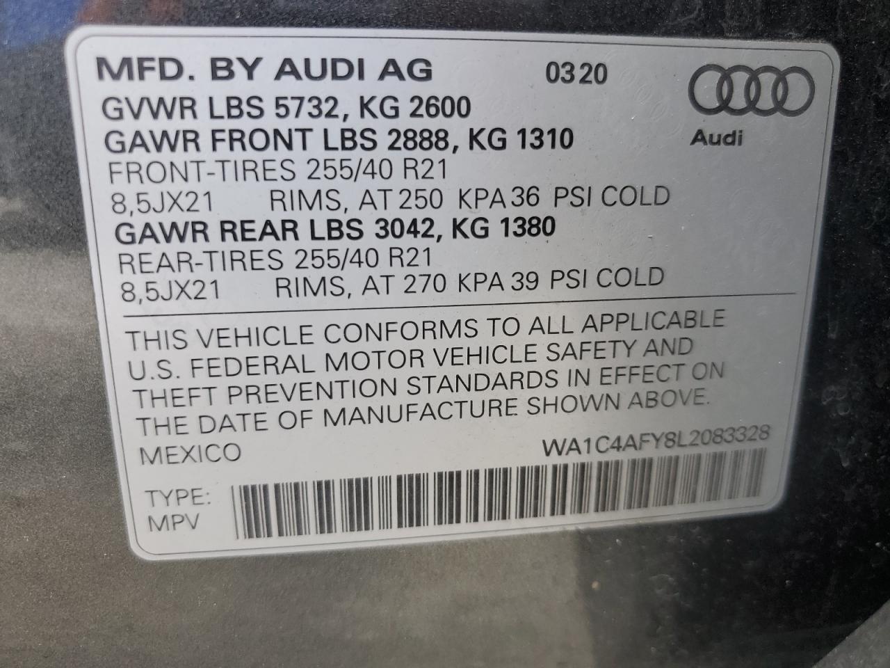 2020 Audi Sq5 Prestige VIN: WA1C4AFY8L2083328 Lot: 82152575