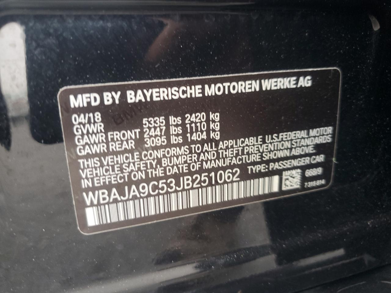 2018 BMW 530E VIN: WBAJA9C53JB251062 Lot: 71658585