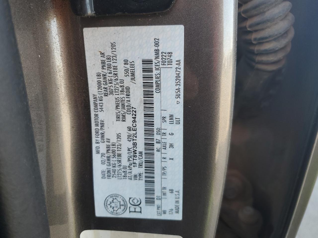 2020 Ford F350 Super Duty VIN: 1FT8W3BT2LEC94227 Lot: 81107945