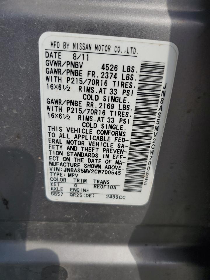 2012 Nissan Rogue S VIN: JN8AS5MV2CW700545 Lot: 81393095