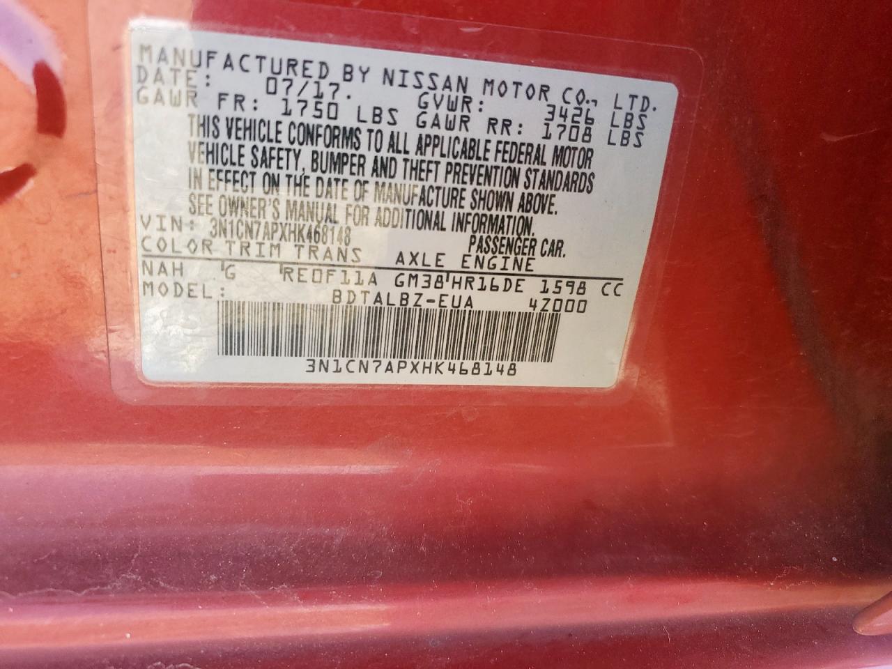 2017 Nissan Versa S VIN: 3N1CN7APXHK468148 Lot: 81675205