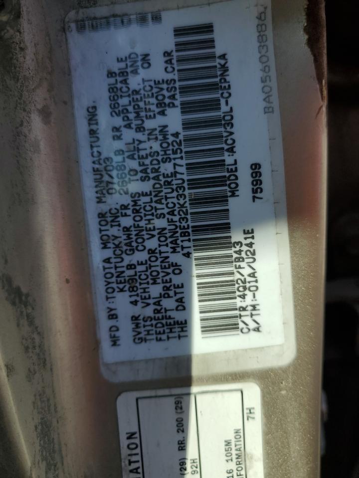 2003 Toyota Camry Le VIN: 4T1BE32K33U771524 Lot: 81588625