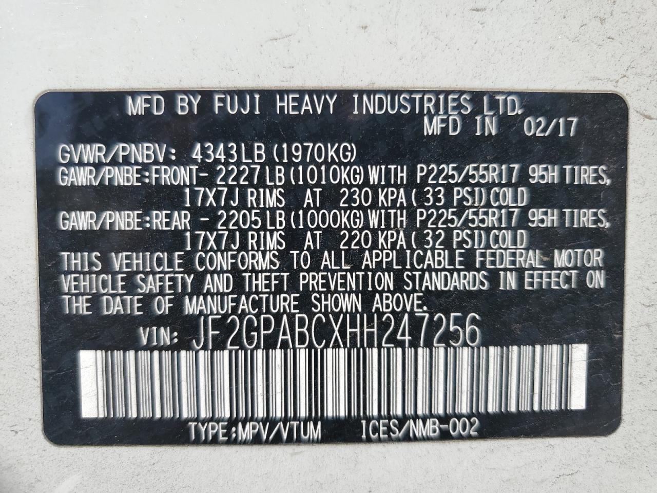 2017 Subaru Crosstrek Premium VIN: JF2GPABCXHH247256 Lot: 84419565