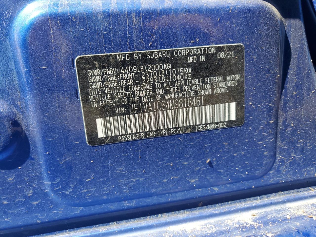 2021 Subaru Wrx Premium VIN: JF1VA1C64M9818461 Lot: 81052955
