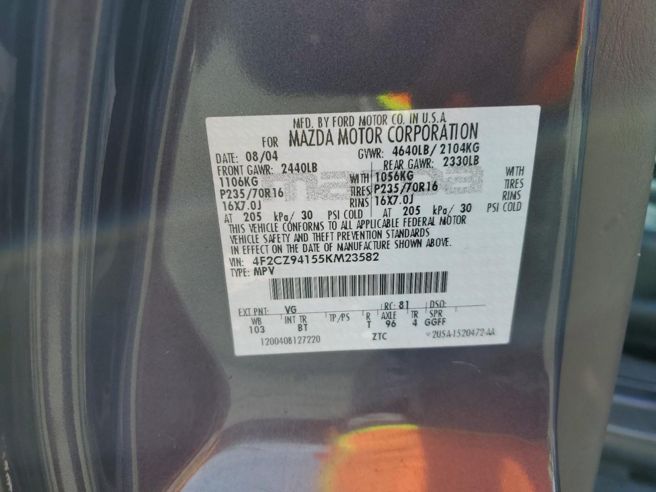 2005 Mazda Tribute S VIN: 4F2CZ94155KM23582 Lot: 72083305