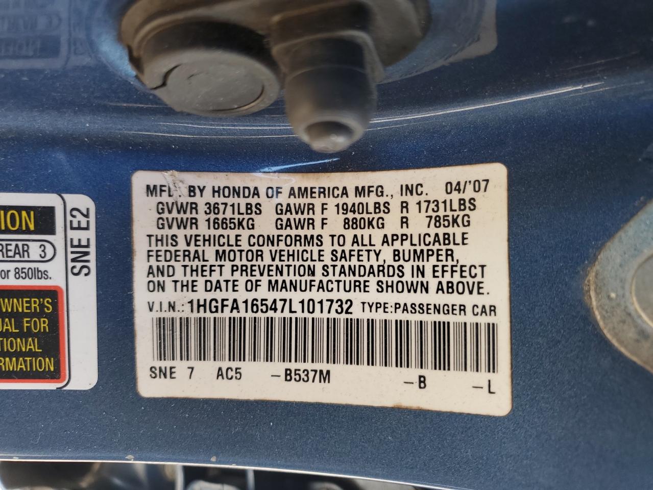 2007 Honda Civic Lx VIN: 1HGFA16547L101732 Lot: 84648975