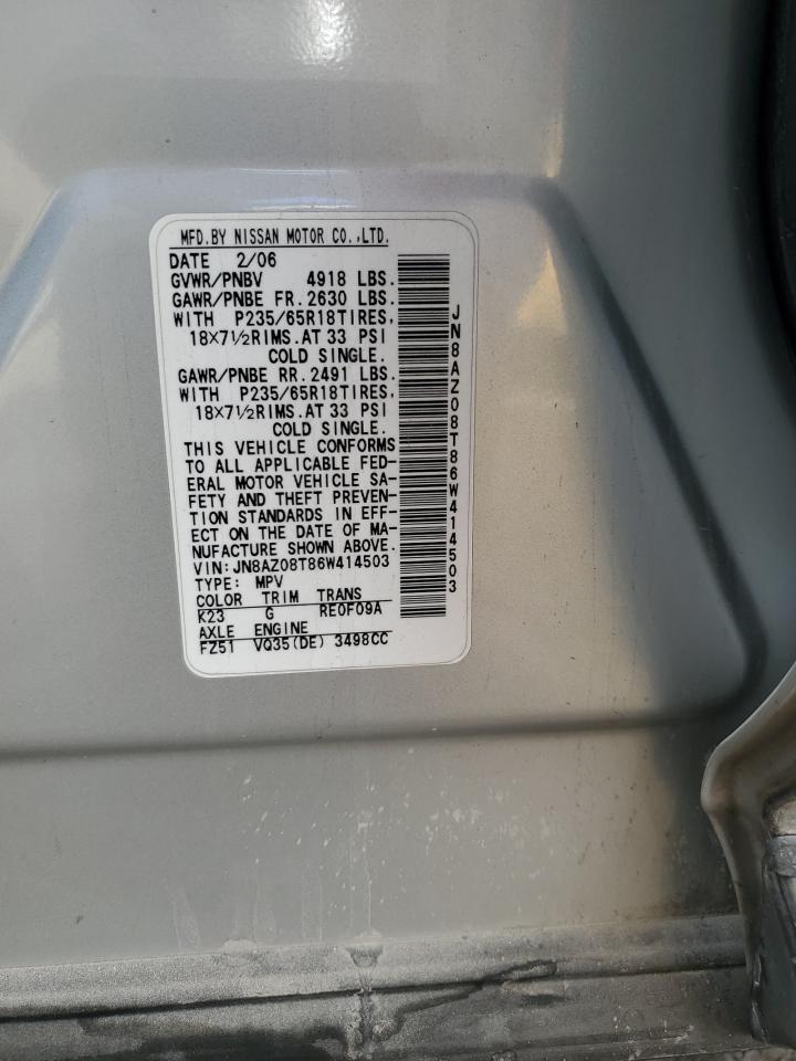 2006 Nissan Murano Sl VIN: JN8AZ08T86W414503 Lot: 84052425